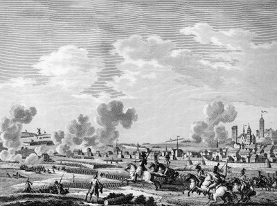 Fransk revolution og ankomsten af kontrarevolutionære kræfter: de franske revolutionæres sejr i Jemmapes den 6. november 1792 over den østrigske hær i Belgien. Paris, bibliotek for Institut for Revolutionshistorie af School French