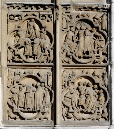 Gotisk kunst: undervisningsscener. Detalje af sydportalen til Cathedrale Notre Dame (Notre-Dame) i Paris af School French
