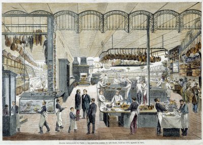 Fantastiske restauranter i Paris: de nye køkkener i Café Riche, grundlagt i 1785, udvidet i 1865. af School French