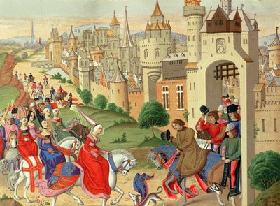 Isabella, dronning af England, bliver budt velkommen ved portene til Paris af sin bror kong Charles IV af Frankrig, fra manuskriptet 