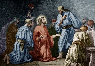 Jesus Kristus underviser i bøn til Johannes (farvegravering) af School French