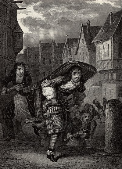 "" Monsieur de Pourceaugnac""" Gravering fra "" værker" af den engelske forfatter Moliere - Scene fra skuespillet "" Monsieur de Pourceaugnac"" af Jean-Baptiste Poquelin dit Moliere (Jean Baptiste Poquelin af School French