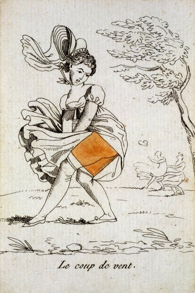 Gammelt kort at spille: diamant-es - "" Vindstødet""" løfter en kvindes nederdel. Musée de la Carte à Joucher, Issy-les-Moulineaux. af School French