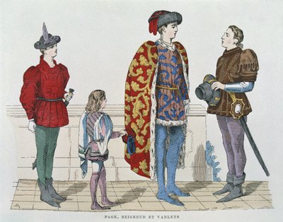 Sidedreng, herre og kammertjener (farve litho) af School French