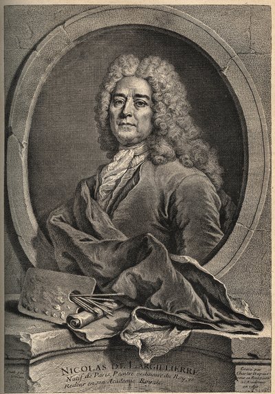 Portræt af Nicolas de Largillierre (Largillier) (1656-1746) Fransk malergravering af Dupuis efter maleriet af Gueuslain af School French