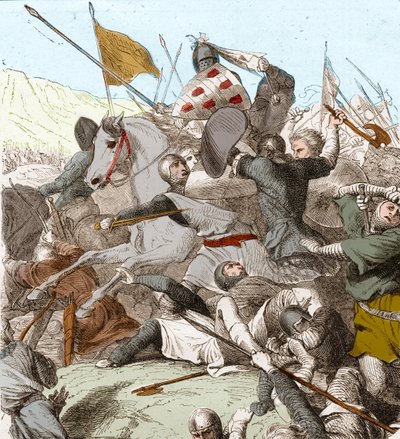 Slaget ved Hattin, 4. juli 1187 (farve litho) af School French
