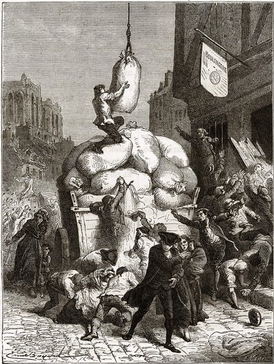 The War of Flours: Plyndring af bagerier i Paris, omkring 1775 (første frugter af den franske revolution) af School French