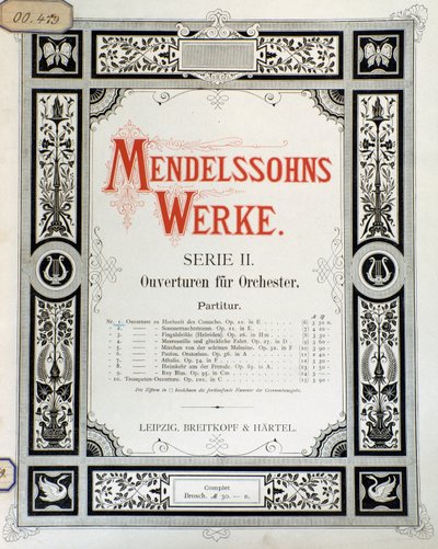 Cover til partituret "Ouverture Op. 10 for orkester" af Felix Mendelssohn (farve litho) af School German