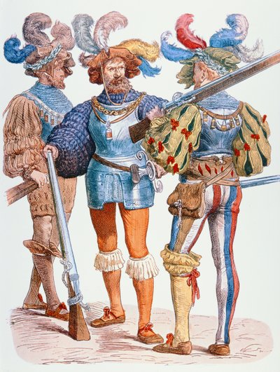 Tyske soldater fra det 16. århundrede, bevæbnet med matchlock-musketter (farvegravering) af School German