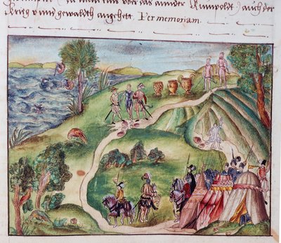 MS Add.15217 fol.40 Et venezuelansk landskab med en spansk lejr, fra en samling af erindringer fra Coeler-familien, Nürnberg af School German