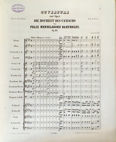 Partituret til "The Wedding of Camacho" af Felix Mendelssohn (litografi) af School German