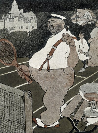 Tennis: tyk mand, ryger og drikker alkohol, spiller tennis - tysk tegneserie af School German