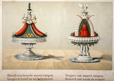 Design til præsentation af oksetunge på en seng af stearin og til hummer, illustration fra en ungarsk kogebog om fransk madlavning, ca. 1880 (farve litho) af School Hungarian