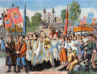 Pilgrimsfærd til ære for Jomfru Maria (farve litho) af School Hungarian
