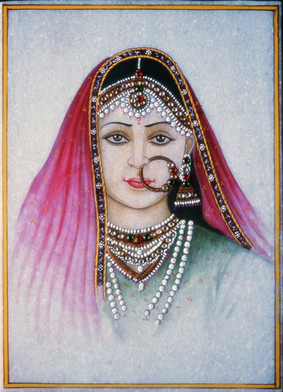 A Rajasthani Lady (gouache og akvarel på marmorplade) af School Indian