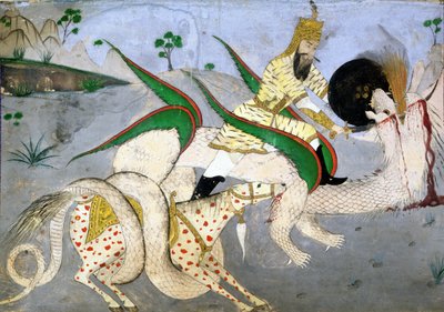 En monteret kriger, der angriber en drage, illustration fra en bog om indiske mystikere (blæk på papir monteret på kort) af School Indian