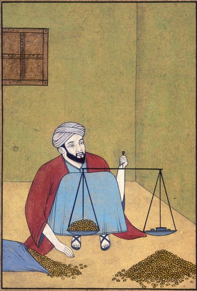 Tilføj eller 3183 A shroff vejer mønter, ca. 1910 (akvarel på papir) af School Indian