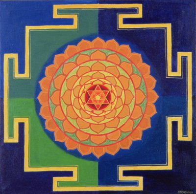 Gayatri Yantra-tegning (pigment på plade) af School Indian