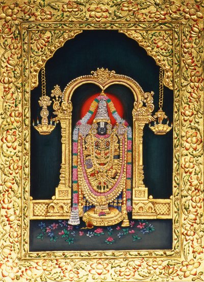Gud Tirupati Balaji i miniaturepantning på papir med guldprægning af School Indian