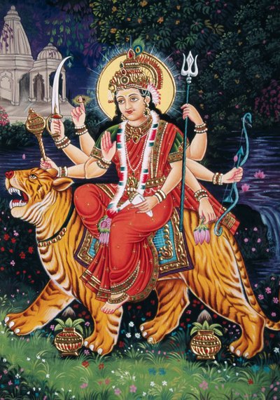 Gudinden Durga Miniaturemaleri på papir med broderi af School Indian