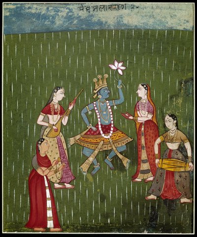 Gudinde krishna danser i regnen med musikere (miniature) af School Indian