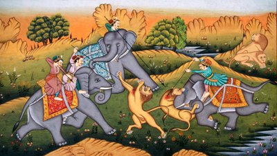 Jagt på tigre på miniaturemaleri på papir af School Indian