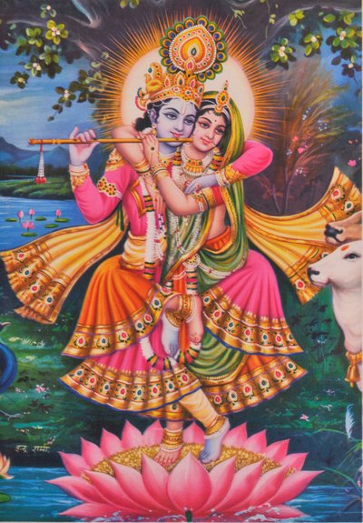 Krishna og Radha (farvelitografi) af School Indian