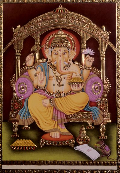 Lord Ganesh Ganpati Miniaturemaleri på papir med guldprægning af School Indian