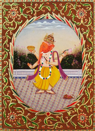 Lord Ganesha Ganpati Miniaturemaleri på papir med broderi af School Indian