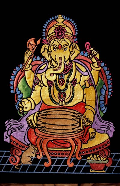 Lord Ganesha Ganpati spiller musikinstrument Broderiarbejde af School Indian