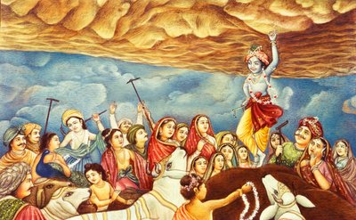 Lord Krishna løfter bjerg-miniaturemaleri af School Indian