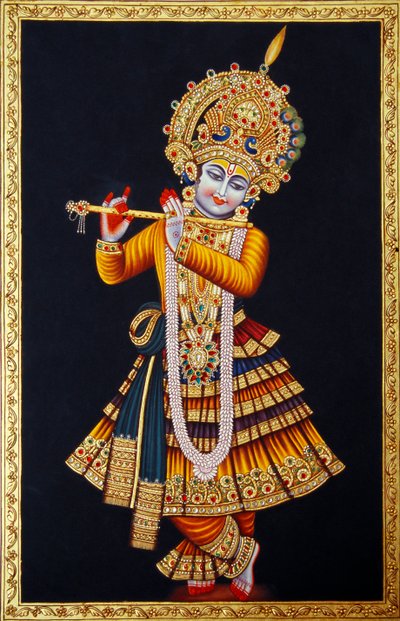 Lord Krishna spiller fløjte Miniaturemaleri på papir af School Indian