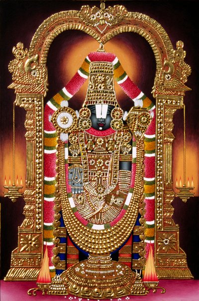 Lord Thirupati Balaji Miniaturemaleri på papir med guldprægning af School Indian