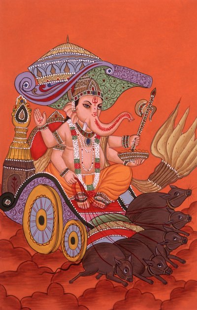 Miniaturemaleri af den elefanthovedede gud Ganesh Ganpati, Indien af School Indian
