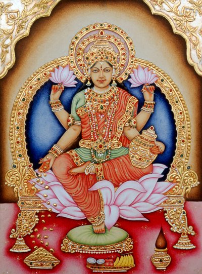 Miniaturemaleri af gudinden Laxmi, Indien af School Indian