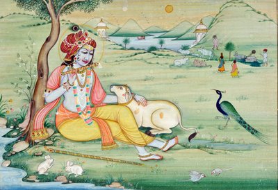 Miniaturemaleri af Krishna, der spiller fløjte af School Indian