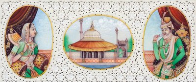 Miniaturemaleri af mogulkejser Humayun med hustruen Jhanvi af School Indian