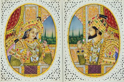Miniaturemaleri af Shah Jahan med hustruen Mumtaj Mahal Indien Asien af School Indian