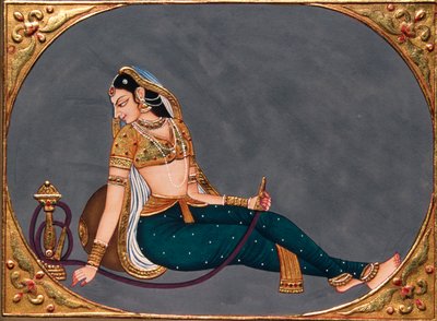 Miniaturemaleri på papir Dame nyder vandpibe af School Indian