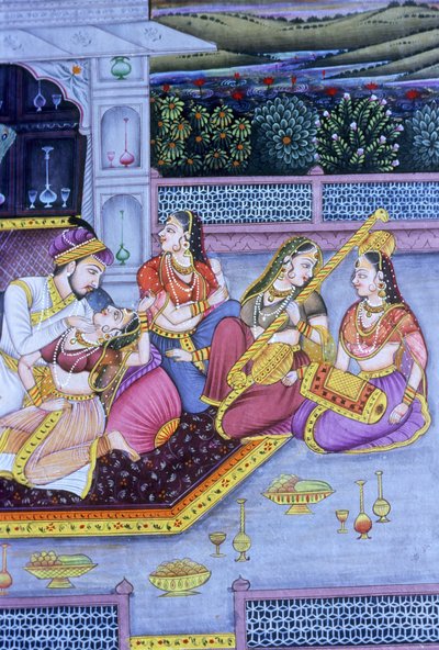 Mughal-miniaturemaleri på papir, kærlighedsscene af School Indian