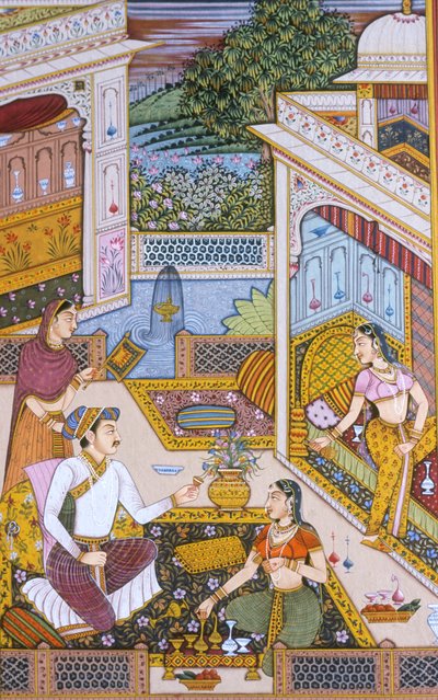 Mughal-miniaturemaleri på papir Kongelig konge nyder en drink af School Indian