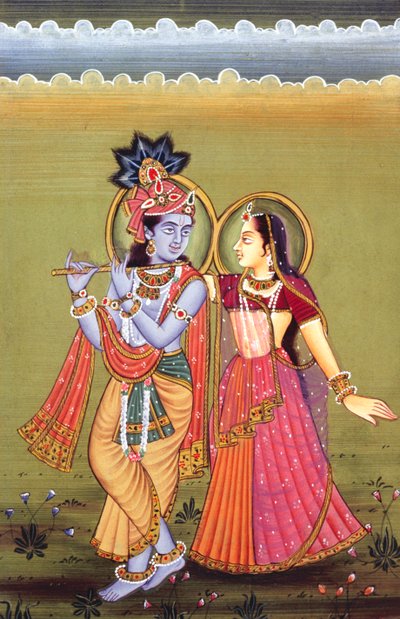 Maleri af Gud Krishna og hendes største hengivne Radha, Indien af School Indian