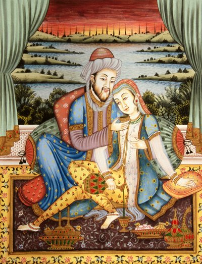 Maleri af Mughal-kejser med sin kone i kærlighedsscene, Indien af School Indian