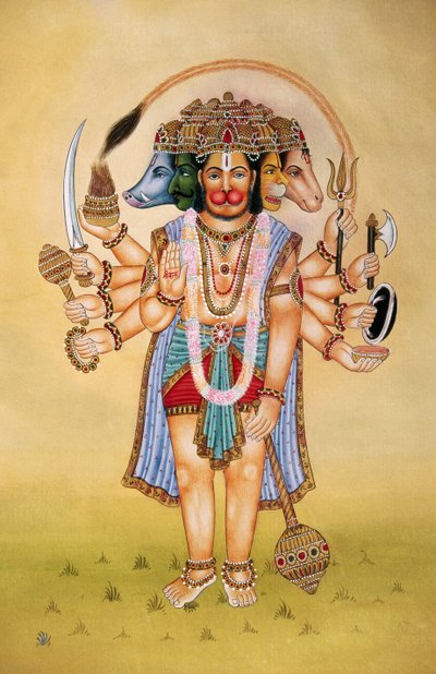 Panchmukhi Lord Hanuman Miniaturemaleri på papir af School Indian