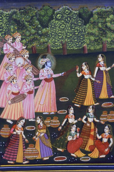 Billede af Krishna, der spiller Holi med Gopies (Nalkdwral Pichwai Chool), Indien af School Indian