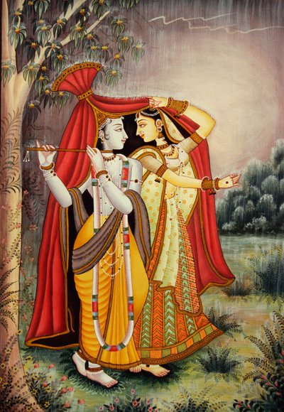 Radha Krishna-miniaturemaleri i monsun på papir af School Indian