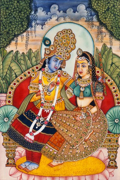 Radha Krishna-miniaturemaleri på elfenben af School Indian