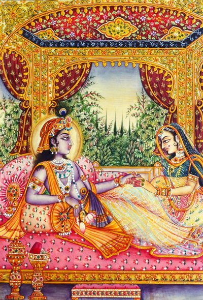 Radha Krishna-miniaturemaleri på elfenben af School Indian