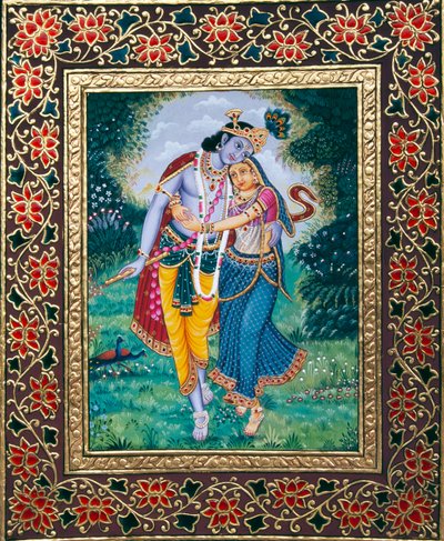 Radha Krishna Miniaturemaleri på papir af School Indian