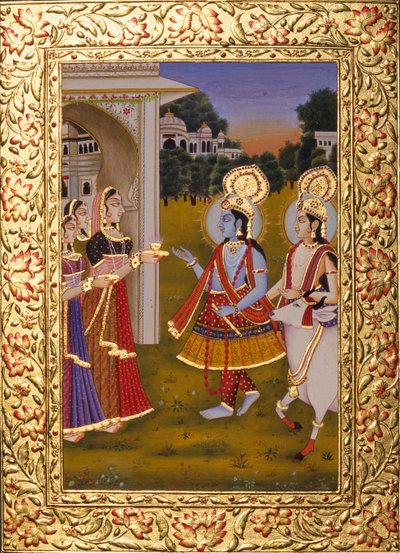 Radha Krishna Miniaturemaleri på papir med guldprægning af School Indian